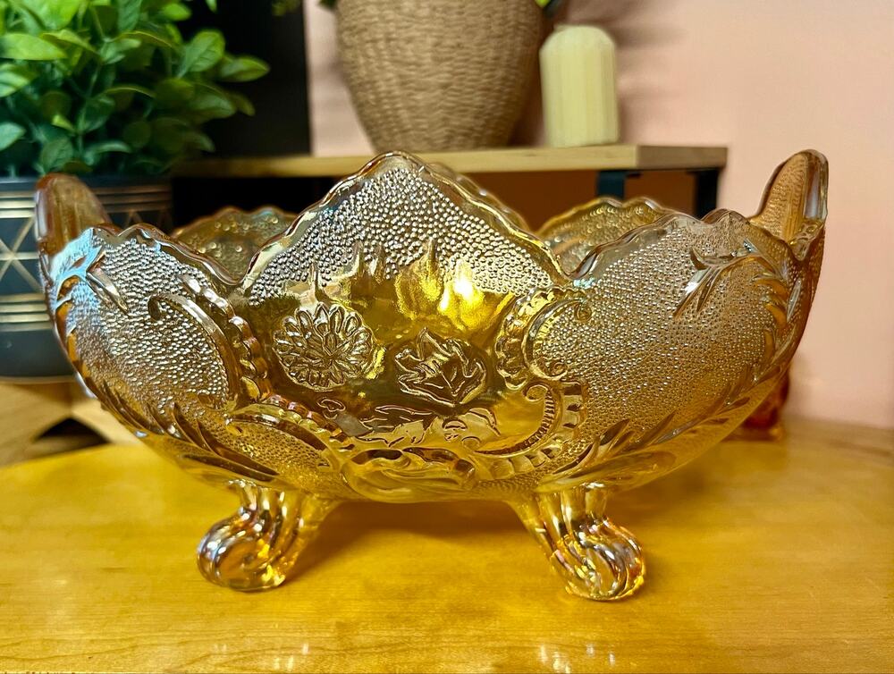 Vintage Jeannette Glass Lombardi Marigold Carnival Glass Footed Bowl
